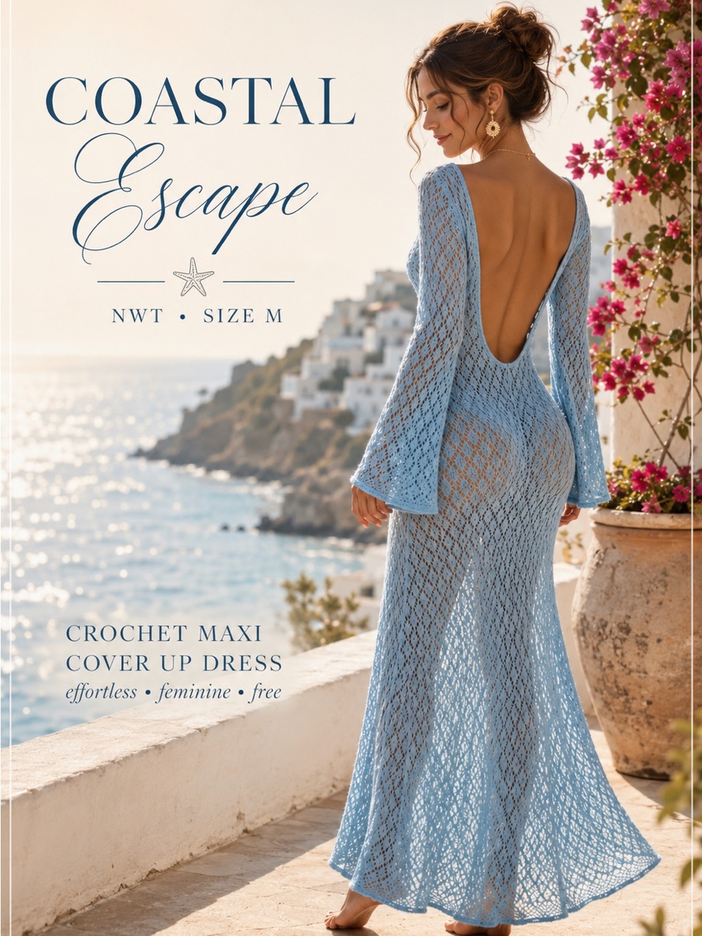 Coastal Goddess Blue Crochet Maxi Cover Up Dress Boho Beach Resort Vacation SZ M